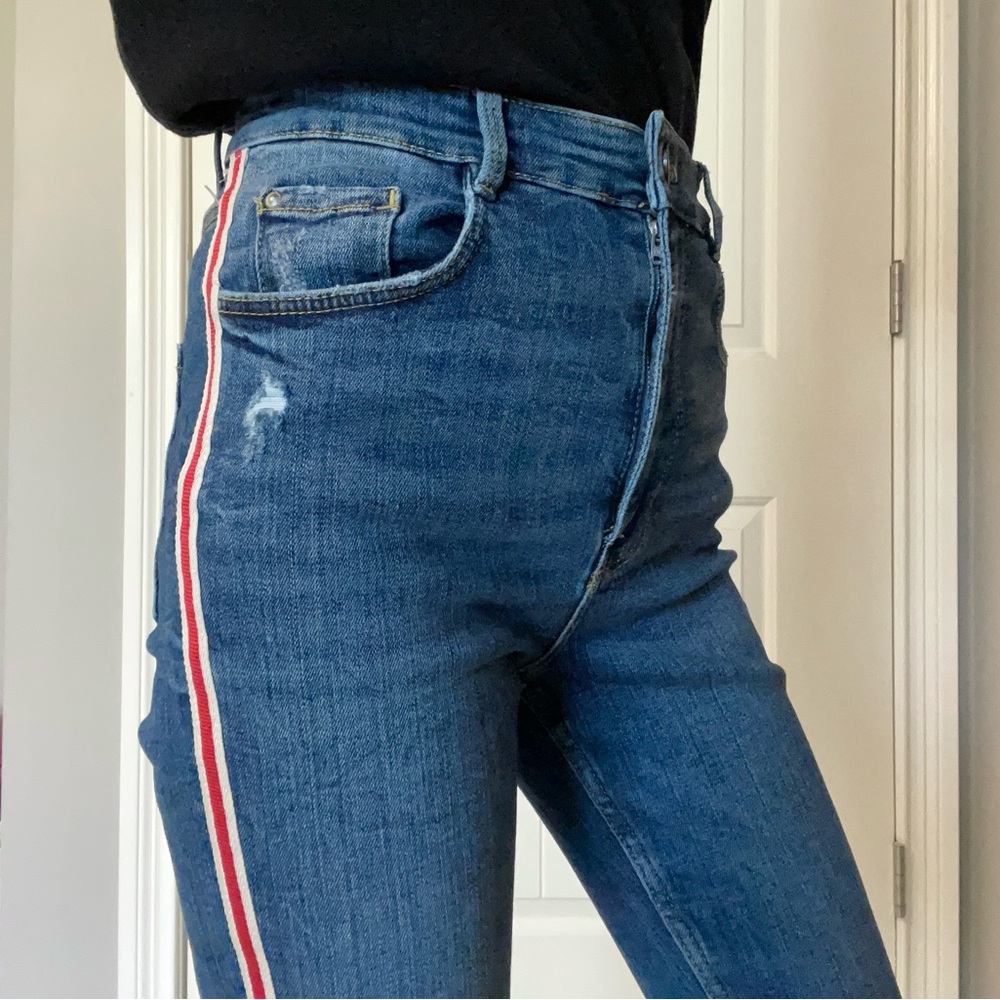Zara Trafaluc high waisted red striped denim skinny jeans
